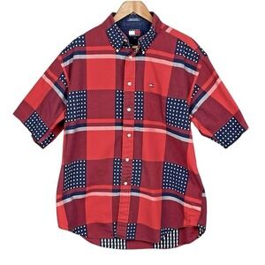 Tommy Hilfiger Preppy Patchwork Plaid Shirt Men L Stars Stripes Summer Americana
